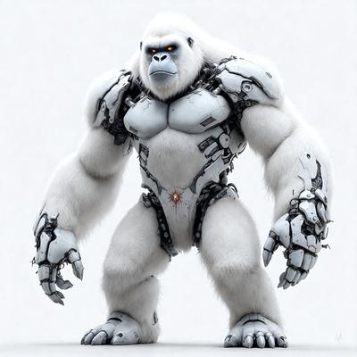 The primary subject of the image is a large, white, robotic gorilla with a silver body. The robotic gorilla is standing on a white surface, which could be a wall or a floor. The visual style of the image is digital art, as it appears to be a computer-generated or digitally created image. The colors and mood of the image are predominantly white and silver, giving it a futuristic and technological feel.